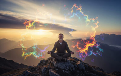 An abstract illustration of a human silhouette meditating under a glowing light, with shadows transforming into blooming flowers, symbolizing emotional growth through therapy and spiritual practice.