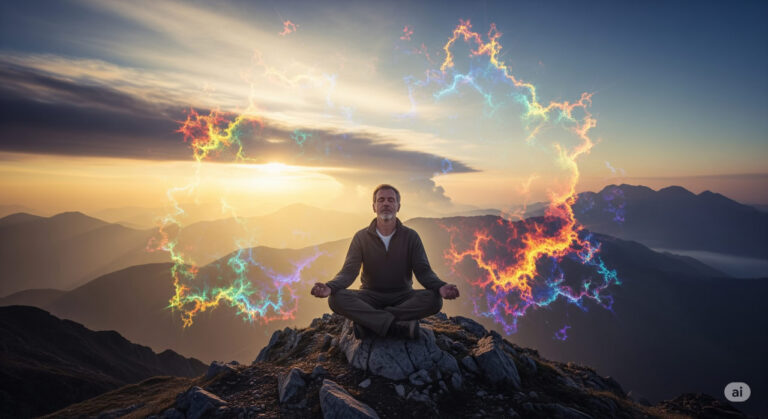 An abstract illustration of a human silhouette meditating under a glowing light, with shadows transforming into blooming flowers, symbolizing emotional growth through therapy and spiritual practice.