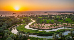 A green oasis in a Saudi Arabian desert at sunset, with an underground pipeline visible, surrounded by emerging trees, symbolizing water innovation.