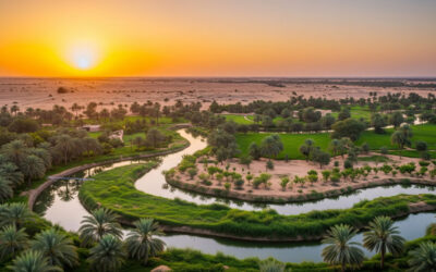 A green oasis in a Saudi Arabian desert at sunset, with an underground pipeline visible, surrounded by emerging trees, symbolizing water innovation.
