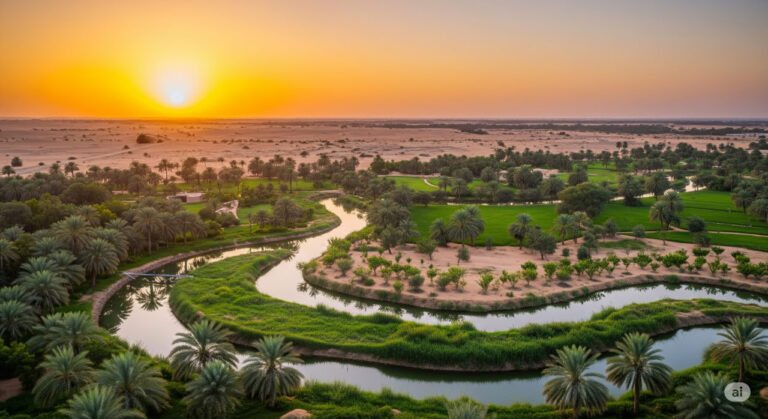 A green oasis in a Saudi Arabian desert at sunset, with an underground pipeline visible, surrounded by emerging trees, symbolizing water innovation.