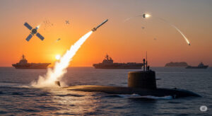 Conceptual art depicting US naval superiority with Tomahawk missile launch against Chinese ships in Pacific geopolitical tensions.