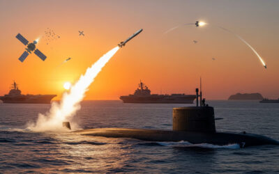 Conceptual art depicting US naval superiority with Tomahawk missile launch against Chinese ships in Pacific geopolitical tensions.