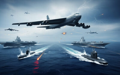 Artistic rendering of American B-52 Stratofortress bombers flying high above turbulent Pacific waters, symbolizing U.S. military deployments against China, Russia, and North Korea in 2025.