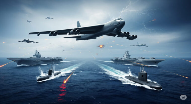 Artistic rendering of American B-52 Stratofortress bombers flying high above turbulent Pacific waters, symbolizing U.S. military deployments against China, Russia, and North Korea in 2025.
