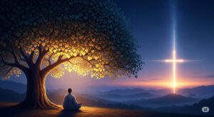 A serene figure meditates under a glowing tree, with a radiant cross in the background, symbolizing the convergence of enlightenment and salvation.