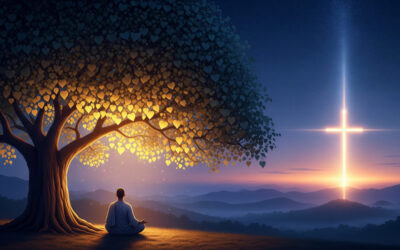 A serene figure meditates under a glowing tree, with a radiant cross in the background, symbolizing the convergence of enlightenment and salvation.