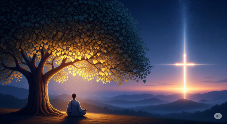 A serene figure meditates under a glowing tree, with a radiant cross in the background, symbolizing the convergence of enlightenment and salvation.