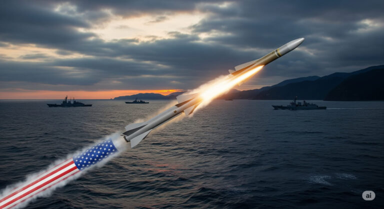 A dramatic illustration of the U.S. PrSM missile launching toward the Taiwan Strait, symbolizing deterrence against Chinese naval forces under a tense, stormy sky.