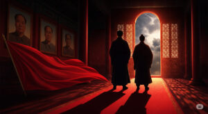 A symbolic illustration of two shadowy figures representing Chinese princelings facing off amid the red walls of Zhongnanhai, with historical revolutionary icons in the background under a stormy sky.