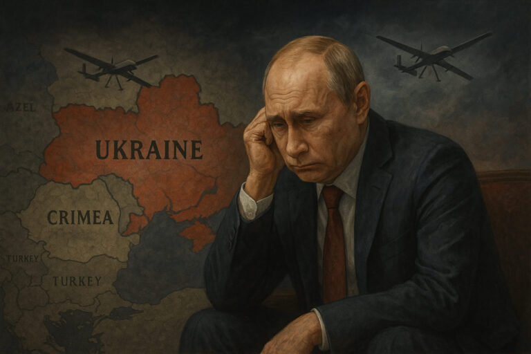 Digital illustration of Putin in a dimly lit room with a map of Ukraine and Crimea, surrounded by Ukrainian drones and Black Sea region outlines under a stormy sky.