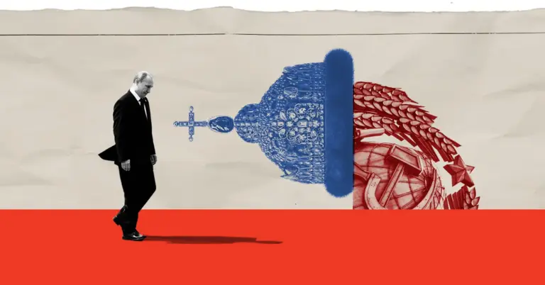 A black-and-white image of a man in a suit, resembling Vladimir Putin, walking on a red path away from a detailed blue imperial crown with a cross, which is splitting apart into red, jagged tendrils resembling a hammer and sickle design against a beige, torn background.