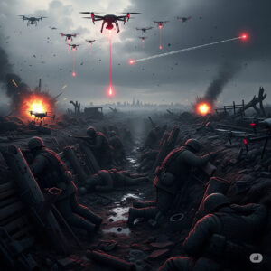Artistic depiction of chaotic Ukraine-Russia war frontline with drones, fallen soldiers, and distant Moscow skyline, highlighting Putin's offensive mess and high casualties in 2025 conflict.