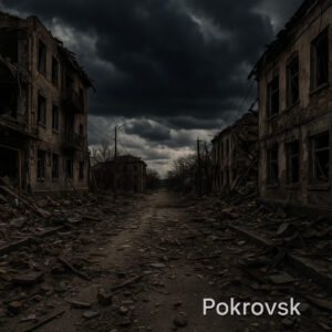 Rubble-strewn street in Pokrovsk, Ukraine, with damaged buildings and a stormy sky in the background, symbolizing the ongoing war.