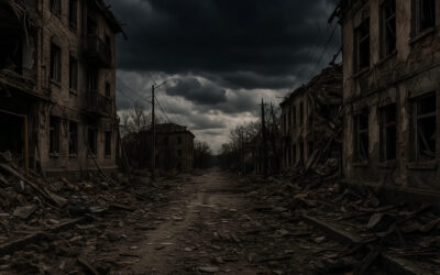 Rubble-strewn street in Pokrovsk, Ukraine, with damaged buildings and a stormy sky in the background, symbolizing the ongoing war.