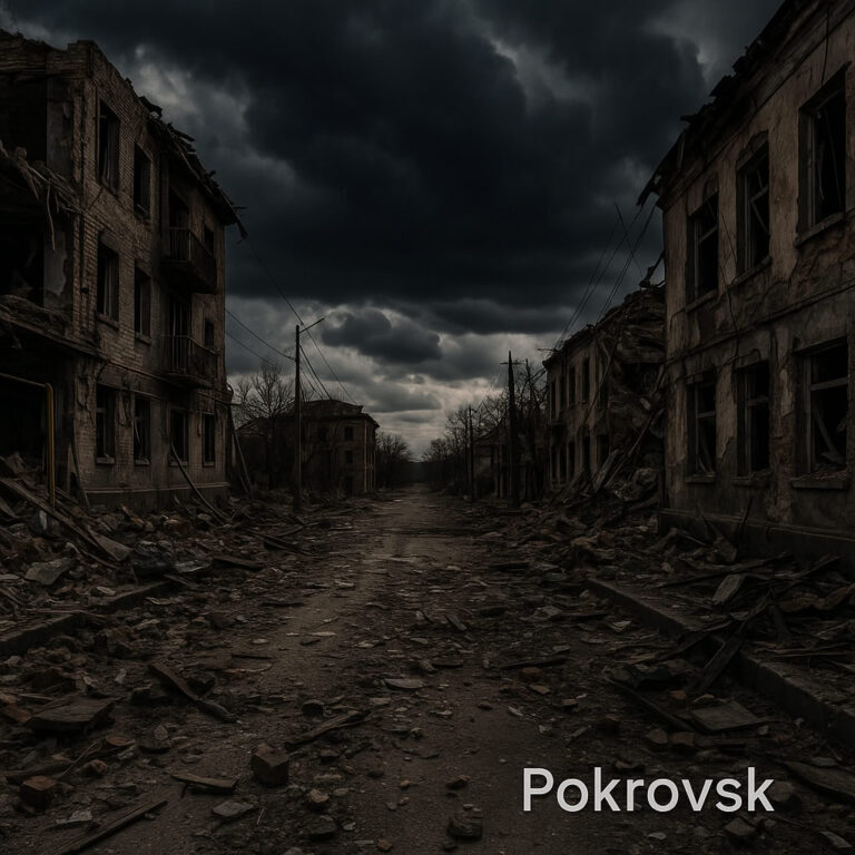 Rubble-strewn street in Pokrovsk, Ukraine, with damaged buildings and a stormy sky in the background, symbolizing the ongoing war.