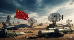 Rusted Chinese jets, radars, and missiles in a desert under a stormy sky, with a faded Chinese flag, representing failed military technology.