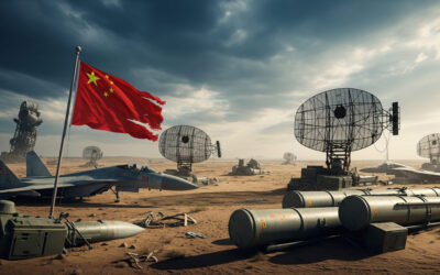 Rusted Chinese jets, radars, and missiles in a desert under a stormy sky, with a faded Chinese flag, representing failed military technology.