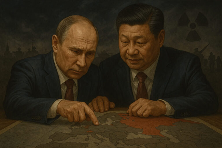Digital illustration of Putin and Xi strategizing over a map of Europe and Asia, with military forces and nuclear symbols under a stormy sky, reflecting a 2027 threat.