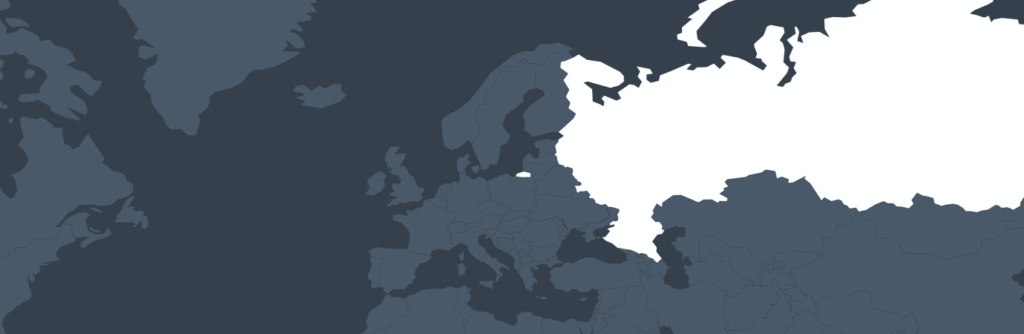 A simplified world map with a white silhouette highlighting a large region in Eastern Europe, contrasting with the dark gray shading of other landmasses and oceans.