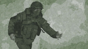 An illustration of a soldier in a helmet and tactical vest, extending an arm forward against a textured green background.