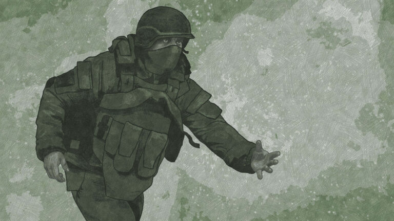 An illustration of a soldier in a helmet and tactical vest, extending an arm forward against a textured green background.