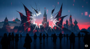 A symbolic illustration of the Russian Kremlin shrouded in digital glitches and shadows, representing the ongoing cyberattacks and infrastructure failures plaguing the nation in 2025.