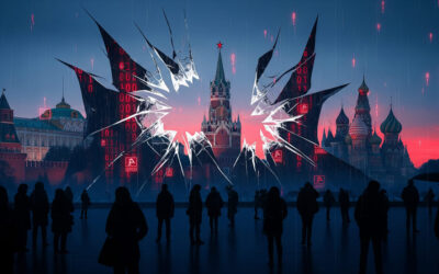 A symbolic illustration of the Russian Kremlin shrouded in digital glitches and shadows, representing the ongoing cyberattacks and infrastructure failures plaguing the nation in 2025.