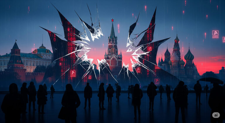 A symbolic illustration of the Russian Kremlin shrouded in digital glitches and shadows, representing the ongoing cyberattacks and infrastructure failures plaguing the nation in 2025.