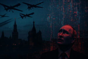 A dramatic illustration of the Russian skyline under attack, with drones swarming above crumbling digital networks and a shadowy figure representing Putin looking on in dismay.