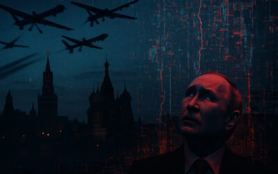 A dramatic illustration of the Russian skyline under attack, with drones swarming above crumbling digital networks and a shadowy figure representing Putin looking on in dismay.