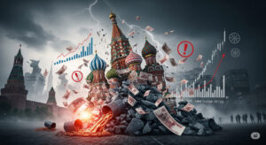 Conceptual art of Russian economy collapse with Kremlin ruins, inflation charts, and war imagery for 2025 analysis.