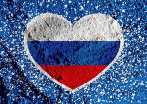 A heart-shaped image with the Russian flag colors (white, blue, red) in the center, surrounded by a blue background filled with white stars.
