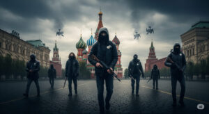 Digital art showing shadowy figures with rifles on a foggy Russian avenue, Kremlin towers faint in the distance, representing anarchy and vigilante rise in Putin's Russia.