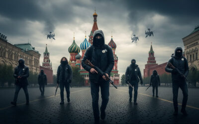 Digital art showing shadowy figures with rifles on a foggy Russian avenue, Kremlin towers faint in the distance, representing anarchy and vigilante rise in Putin's Russia.