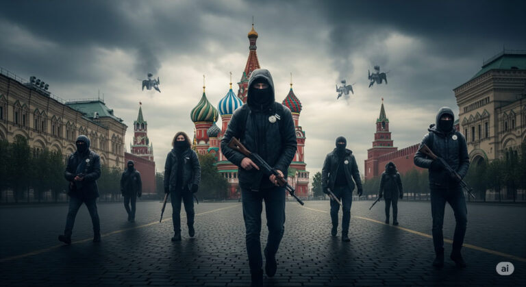Digital art showing shadowy figures with rifles on a foggy Russian avenue, Kremlin towers faint in the distance, representing anarchy and vigilante rise in Putin's Russia.