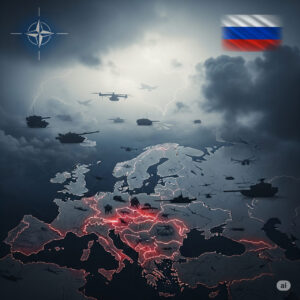 Digital illustration of a geopolitical map with Eastern Europe and Russia, featuring military silhouettes and a tense NATO-Russia standoff.