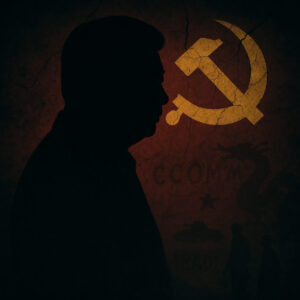 A dark, shadowy silhouette of a figure resembling Xi Jinping in front of a cracked red wall with military insignia and whispered text, symbolizing political turmoil in China.