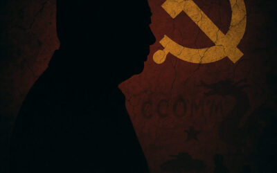 A dark, shadowy silhouette of a figure resembling Xi Jinping in front of a cracked red wall with military insignia and whispered text, symbolizing political turmoil in China.