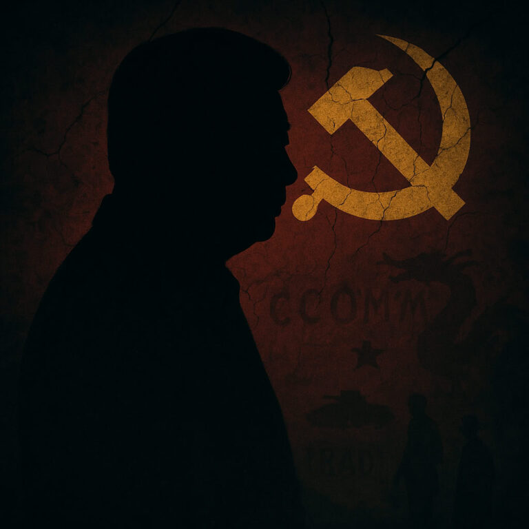 A dark, shadowy silhouette of a figure resembling Xi Jinping in front of a cracked red wall with military insignia and whispered text, symbolizing political turmoil in China.