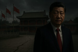 Illustration of Chinese President Xi Jinping in dim light against the backdrop of Zhongnanhai, with subtle cracks in the ground representing political instability and rumors of leadership change in 2025.