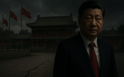 Illustration of Chinese President Xi Jinping in dim light against the backdrop of Zhongnanhai, with subtle cracks in the ground representing political instability and rumors of leadership change in 2025.
