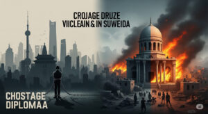 Digital illustration split between a Chinese city with a chained figure and a Syrian village with a ruined Druze temple, representing China’s exit bans and Syria’s 2025 massacres.