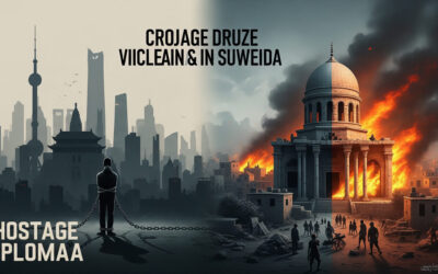 Digital illustration split between a Chinese city with a chained figure and a Syrian village with a ruined Druze temple, representing China’s exit bans and Syria’s 2025 massacres.