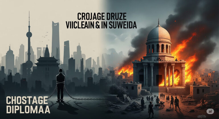 Digital illustration split between a Chinese city with a chained figure and a Syrian village with a ruined Druze temple, representing China’s exit bans and Syria’s 2025 massacres.