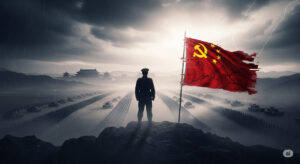 A shadowy figure of a Chinese general overlooking PLA troops in motion, symbolizing internal power struggles and strategic redeployments amid rumors of a silent coup in Beijing.