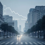 A deserted urban street in China with an elderly person walking and a faint population decline graph, symbolizing a potential population crisis.