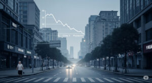 A deserted urban street in China with an elderly person walking and a faint population decline graph, symbolizing a potential population crisis.
