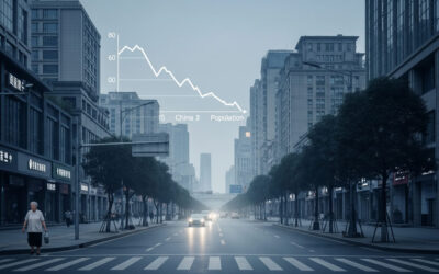 A deserted urban street in China with an elderly person walking and a faint population decline graph, symbolizing a potential population crisis.