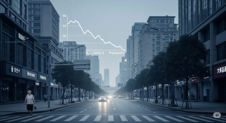 A deserted urban street in China with an elderly person walking and a faint population decline graph, symbolizing a potential population crisis.